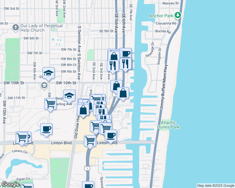 map of restaurants, bars, coffee shops, grocery stores, and more near 1050 South Federal Highway in Delray Beach