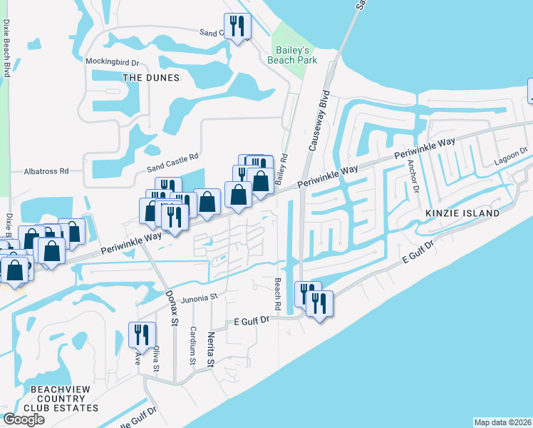 map of restaurants, bars, coffee shops, grocery stores, and more near 1119 Periwinkle Way in Sanibel