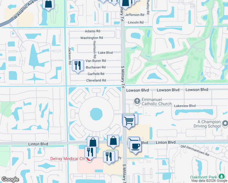 map of restaurants, bars, coffee shops, grocery stores, and more near 15493 Bottlebrush Circle in Delray Beach