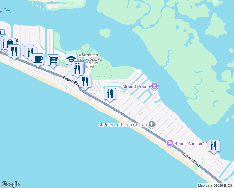 map of restaurants, bars, coffee shops, grocery stores, and more near 128 Eucalyptus Court in Fort Myers Beach