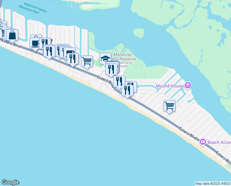 map of restaurants, bars, coffee shops, grocery stores, and more near 2924 Estero Boulevard in Fort Myers Beach
