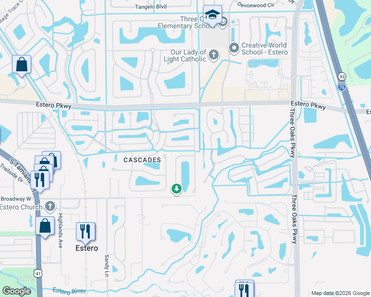 map of restaurants, bars, coffee shops, grocery stores, and more near 9589 Liseron Drive in Estero