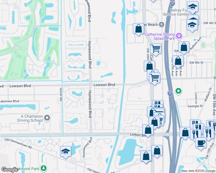 map of restaurants, bars, coffee shops, grocery stores, and more near 2413 Lowson Boulevard in Delray Beach
