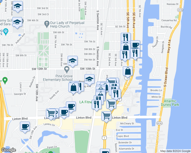 map of restaurants, bars, coffee shops, grocery stores, and more near 1023 Ventnor Ave in Delray Beach