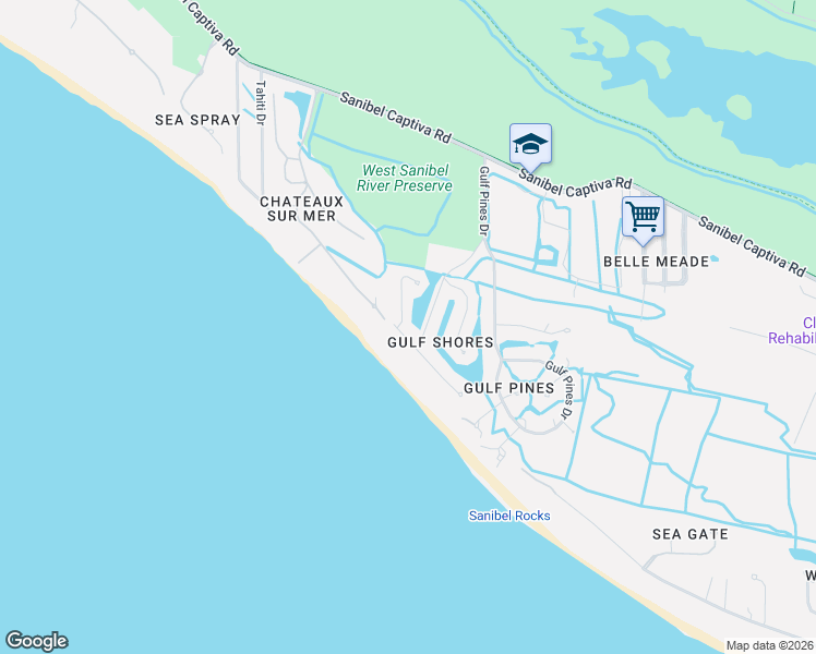 map of restaurants, bars, coffee shops, grocery stores, and more near 10354 Blue Heron Drive in Sanibel