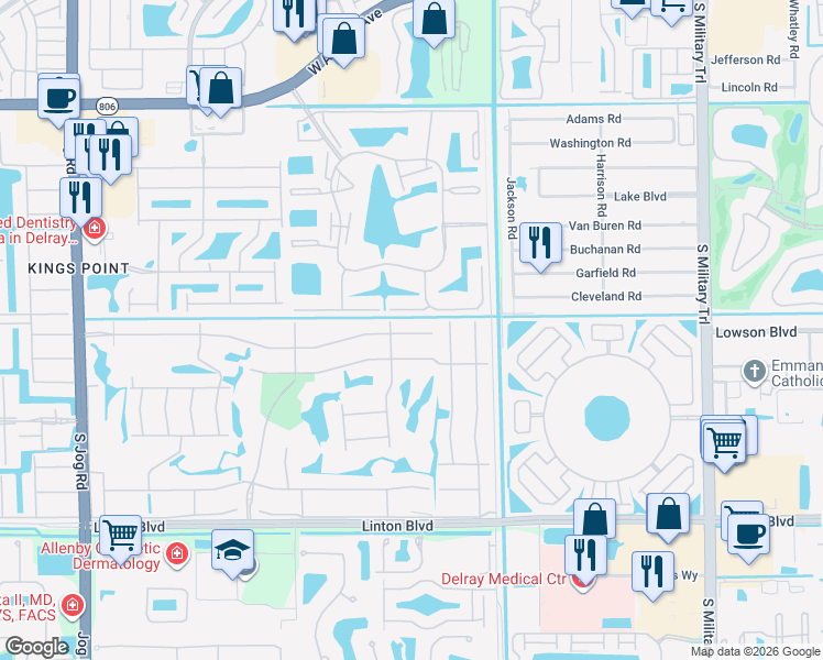 map of restaurants, bars, coffee shops, grocery stores, and more near 489 Normandy Lane in Delray Beach