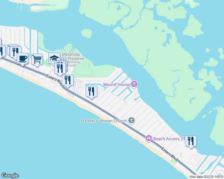 map of restaurants, bars, coffee shops, grocery stores, and more near 340 Donora Boulevard in Fort Myers Beach