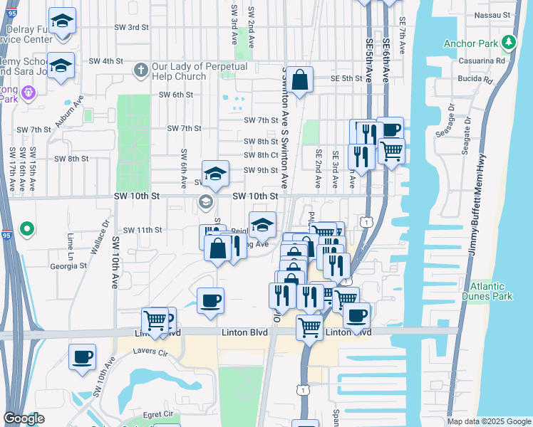 map of restaurants, bars, coffee shops, grocery stores, and more near 118 North Longport Circle in Delray Beach