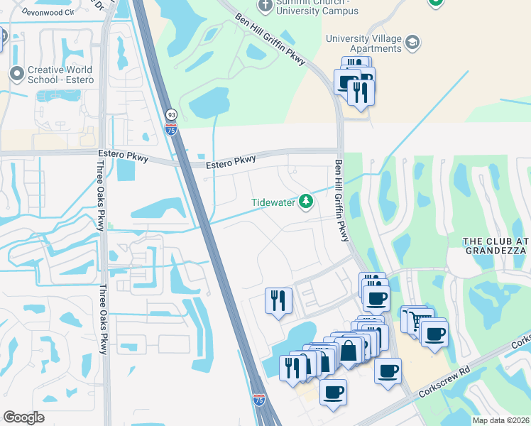 map of restaurants, bars, coffee shops, grocery stores, and more near Tavernier Drive in Estero