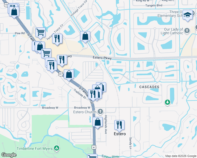 map of restaurants, bars, coffee shops, grocery stores, and more near 8652 Firwood Drive in Estero