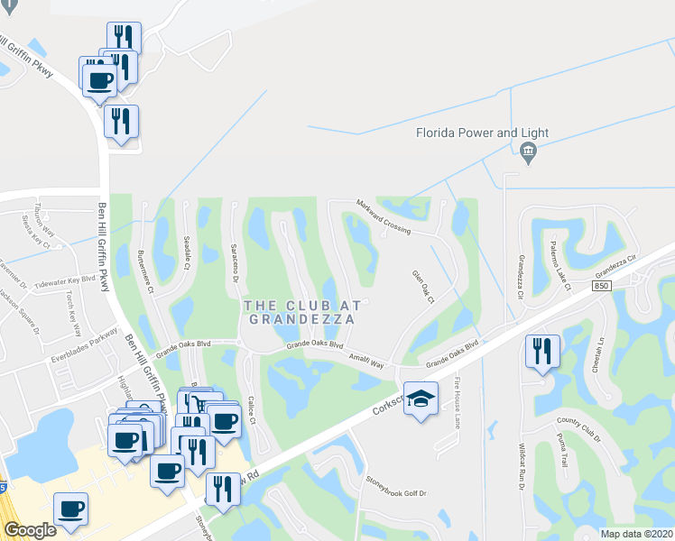 map of restaurants, bars, coffee shops, grocery stores, and more near 20102 Markward Crossing in Estero