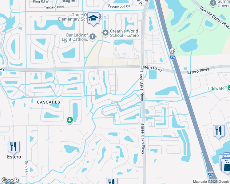 map of restaurants, bars, coffee shops, grocery stores, and more near 9801 Foxhall Way in Estero
