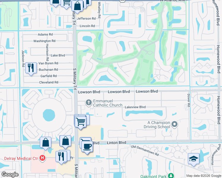 map of restaurants, bars, coffee shops, grocery stores, and more near 3703 Lowson Boulevard in Delray Beach