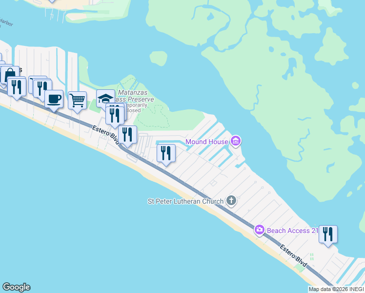 map of restaurants, bars, coffee shops, grocery stores, and more near 3191 Shell Mound Boulevard in Fort Myers Beach
