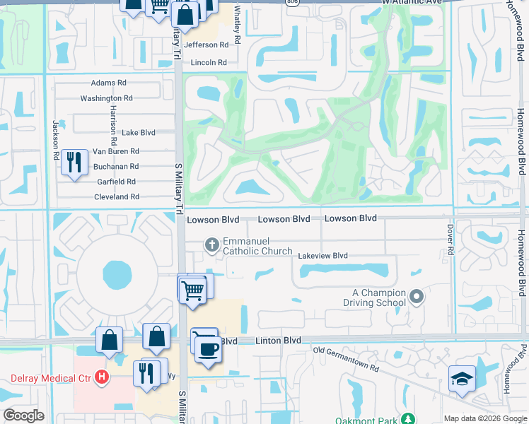 map of restaurants, bars, coffee shops, grocery stores, and more near 3703 Lowson Boulevard in Delray Beach