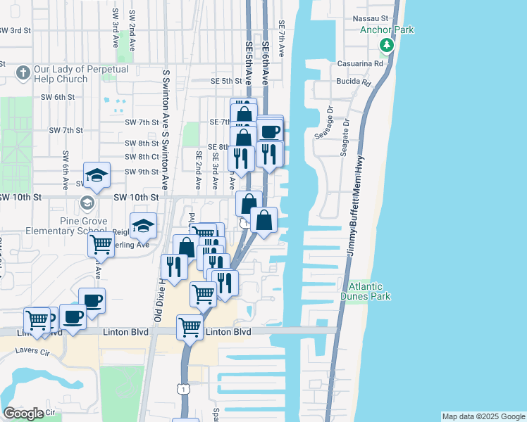 map of restaurants, bars, coffee shops, grocery stores, and more near 1050 South Federal Highway in Delray Beach