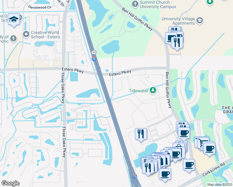 map of restaurants, bars, coffee shops, grocery stores, and more near 10498 Jackson Square Drive in Estero