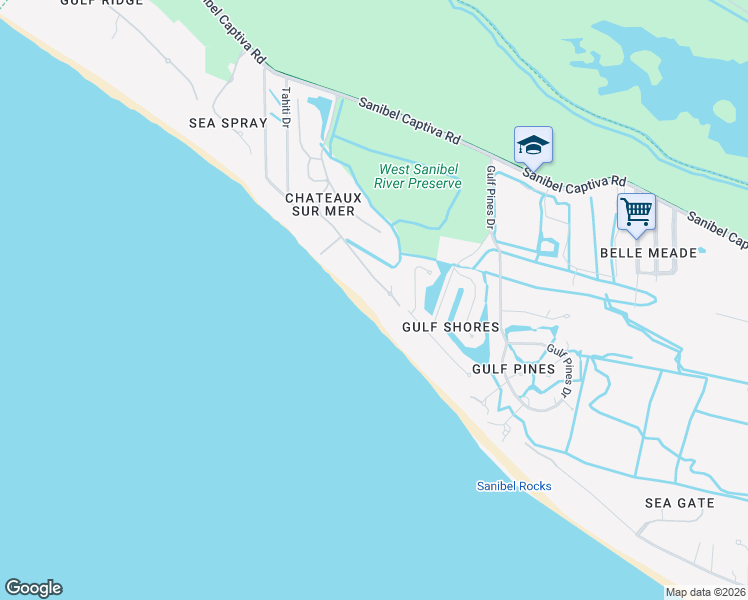 map of restaurants, bars, coffee shops, grocery stores, and more near 4627 Rue Belle Mer in Sanibel