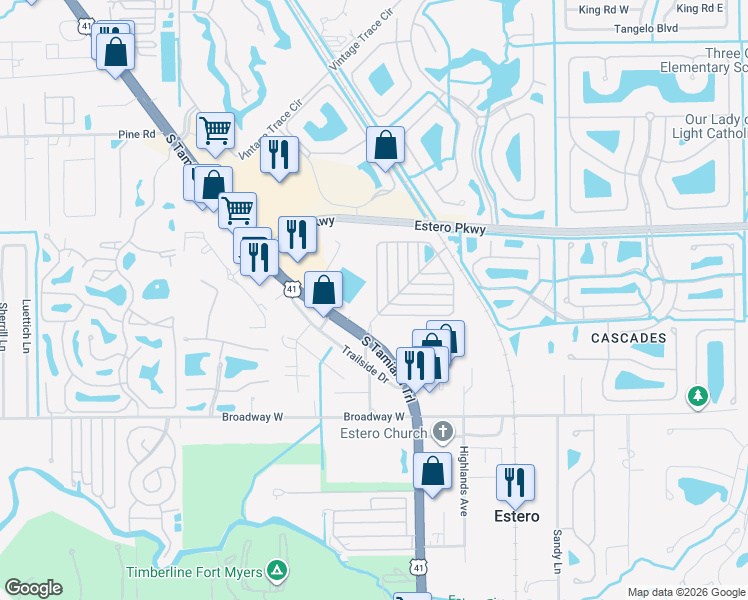map of restaurants, bars, coffee shops, grocery stores, and more near 20204 Orange Tree Lane in Estero