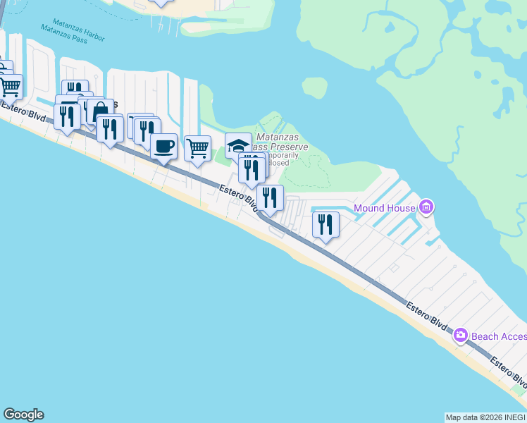 map of restaurants, bars, coffee shops, grocery stores, and more near 100 Lovers Lane in Fort Myers Beach