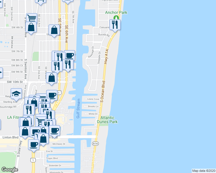 map of restaurants, bars, coffee shops, grocery stores, and more near 1001 South Ocean Boulevard in Delray Beach
