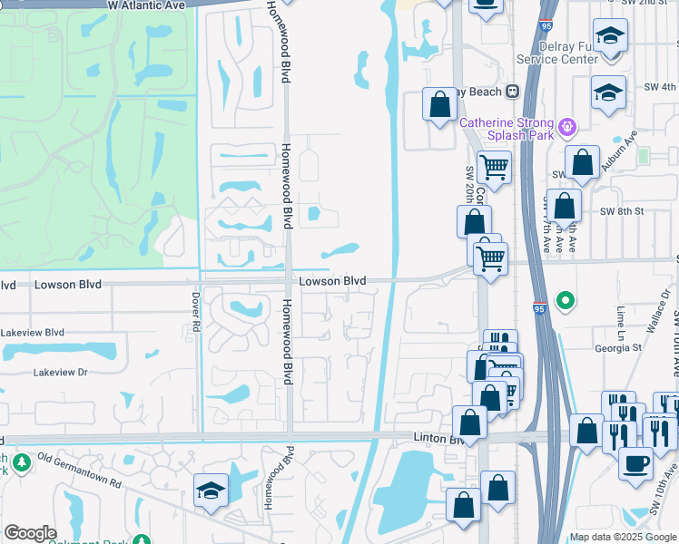 map of restaurants, bars, coffee shops, grocery stores, and more near 2413 Lowson Boulevard in Delray Beach