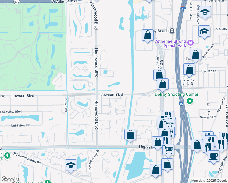 map of restaurants, bars, coffee shops, grocery stores, and more near 2727 Lowson Boulevard in Delray Beach