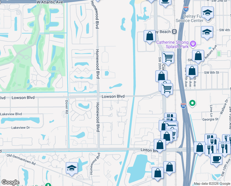 map of restaurants, bars, coffee shops, grocery stores, and more near 2305 Lowson Boulevard in Delray Beach