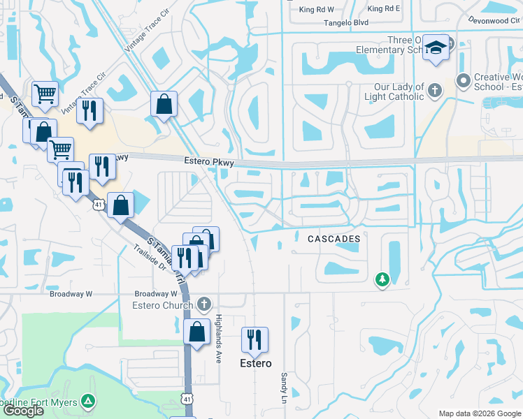map of restaurants, bars, coffee shops, grocery stores, and more near 8920 Cascades Isle Boulevard in Estero