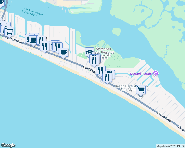 map of restaurants, bars, coffee shops, grocery stores, and more near 2810 Estero Boulevard in Fort Myers Beach