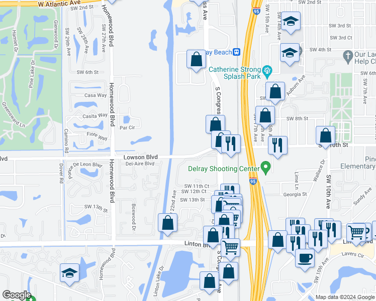 map of restaurants, bars, coffee shops, grocery stores, and more near 2115 Lowson Boulevard in Delray Beach