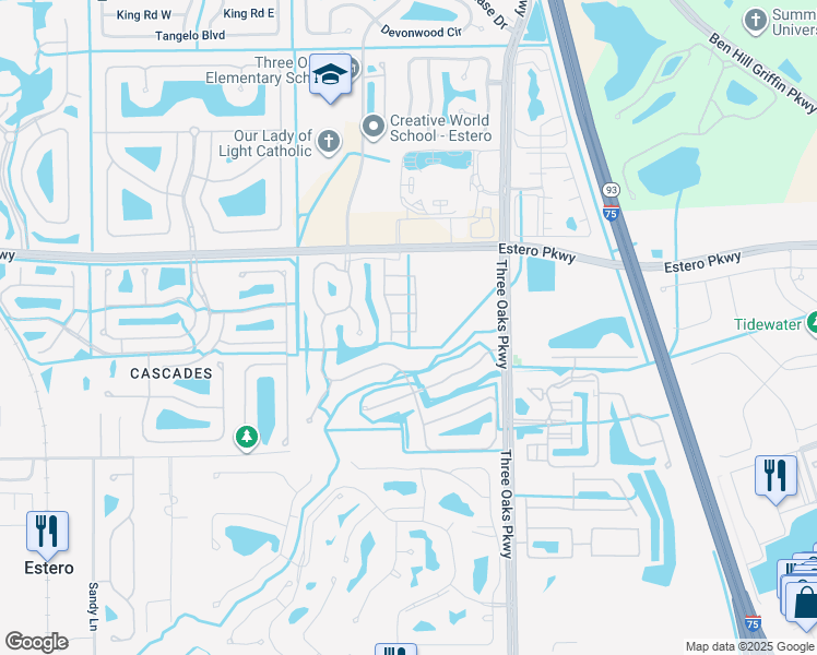 map of restaurants, bars, coffee shops, grocery stores, and more near 9801 Foxhall Way in Estero