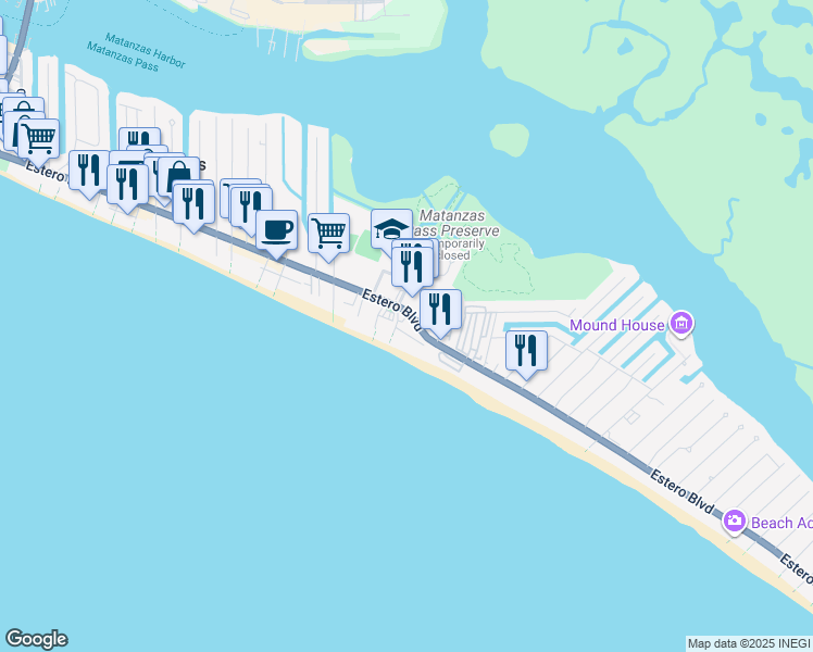 map of restaurants, bars, coffee shops, grocery stores, and more near 2810 Estero Boulevard in Fort Myers Beach