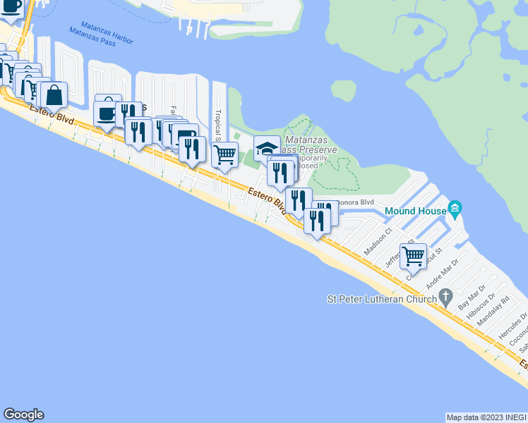 map of restaurants, bars, coffee shops, grocery stores, and more near 2810 Estero Boulevard in Fort Myers Beach
