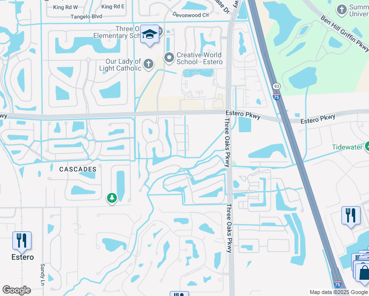 map of restaurants, bars, coffee shops, grocery stores, and more near 9801 Foxhall Way in Estero