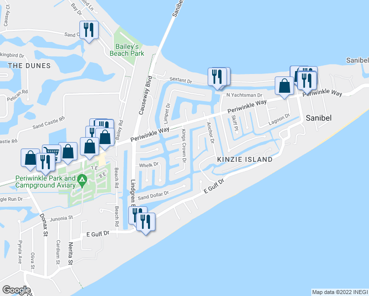 map of restaurants, bars, coffee shops, grocery stores, and more near Kings Crown Drive in Sanibel