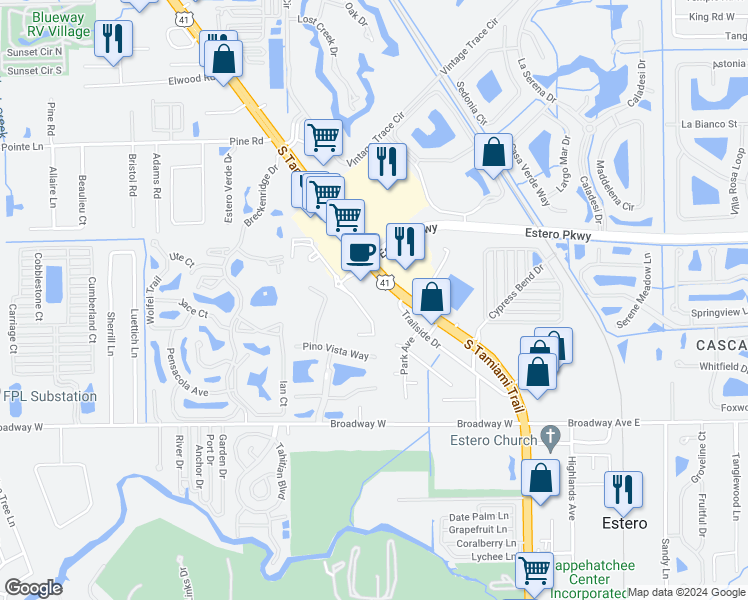 map of restaurants, bars, coffee shops, grocery stores, and more near 3011 Terracap Drive in Estero