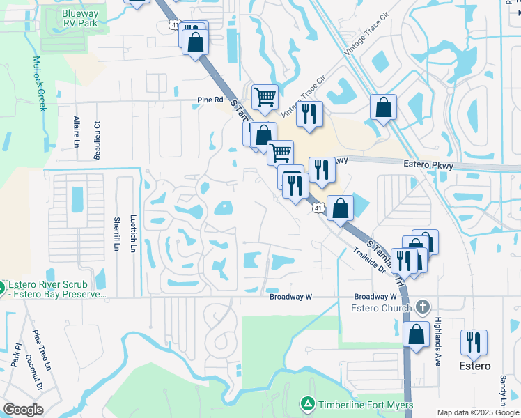 map of restaurants, bars, coffee shops, grocery stores, and more near 20121 Bravada Street in Estero