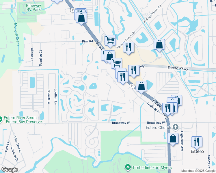 map of restaurants, bars, coffee shops, grocery stores, and more near 20121 Bravada Street in Estero