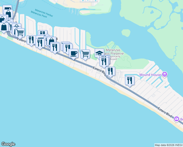map of restaurants, bars, coffee shops, grocery stores, and more near 2672 Estero Boulevard in Fort Myers Beach