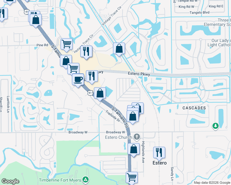 map of restaurants, bars, coffee shops, grocery stores, and more near 20204 Orange Tree Lane in Estero