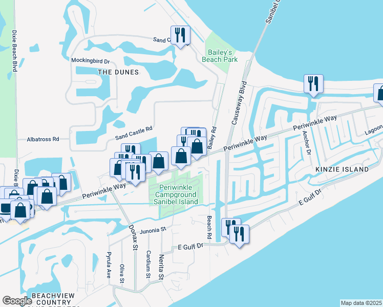 map of restaurants, bars, coffee shops, grocery stores, and more near 1036 Periwinkle Way in Sanibel