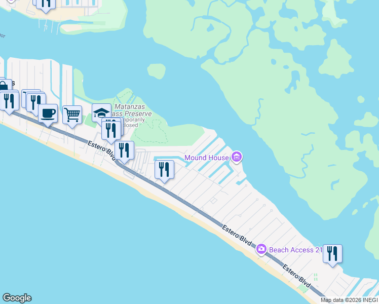 map of restaurants, bars, coffee shops, grocery stores, and more near 355 Donora Boulevard in Fort Myers Beach