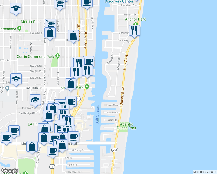 map of restaurants, bars, coffee shops, grocery stores, and more near 1002 Seasage Drive in Delray Beach