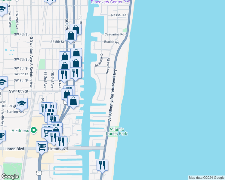 map of restaurants, bars, coffee shops, grocery stores, and more near 1001 South Ocean Boulevard in Delray Beach