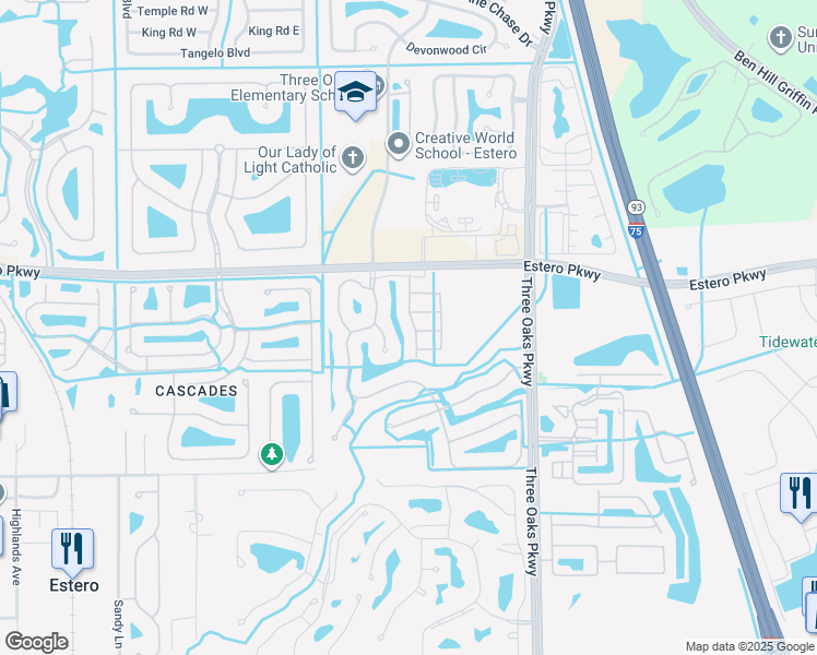 map of restaurants, bars, coffee shops, grocery stores, and more near 20036 Heatherstone Way in Estero
