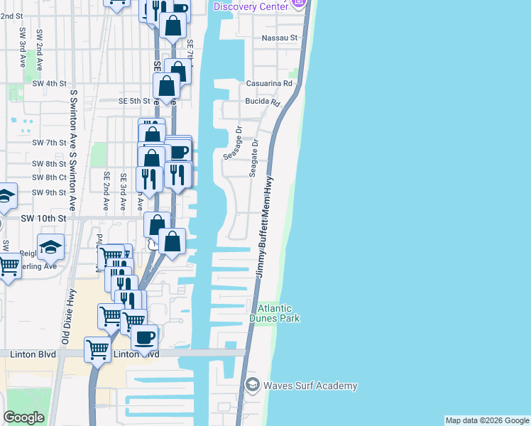 map of restaurants, bars, coffee shops, grocery stores, and more near Florida A1A & Hibiscus Road in Delray Beach