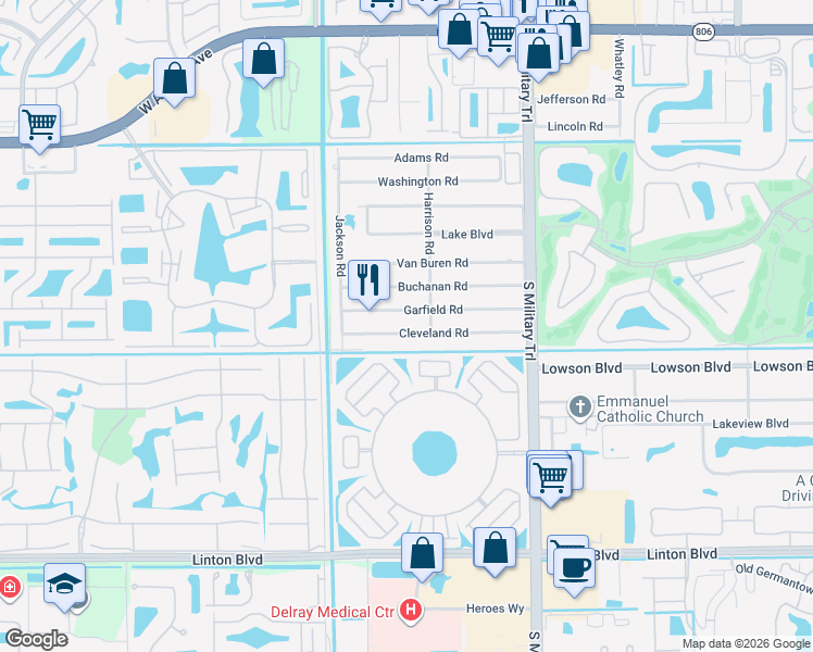 map of restaurants, bars, coffee shops, grocery stores, and more near 5293 Garfield Road in Delray Beach