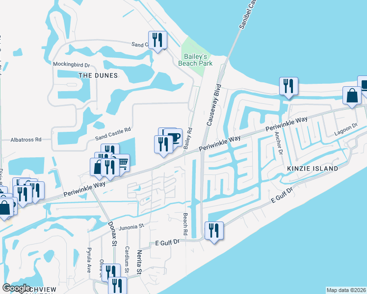 map of restaurants, bars, coffee shops, grocery stores, and more near 17 Bailey Road in Sanibel
