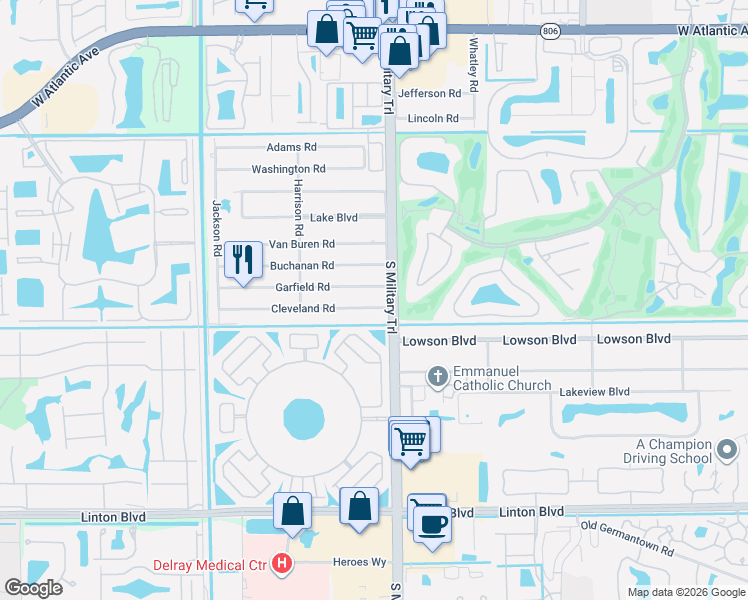 map of restaurants, bars, coffee shops, grocery stores, and more near 15413 Monroe Road in Delray Beach